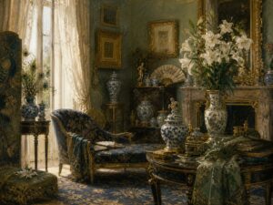 Detaljeret oliemaleri af en elegant victoriansk salon med påfuglefjer, blå-hvidt porcelæn, hvide liljer, forgyldte rammer, ornamenterede møbler og blødt dagslys gennem tynde gardiner.