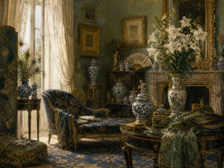 Detaljeret oliemaleri af en elegant victoriansk salon med påfuglefjer, blå-hvidt porcelæn, hvide liljer, forgyldte rammer, ornamenterede møbler og blødt dagslys gennem tynde gardiner.