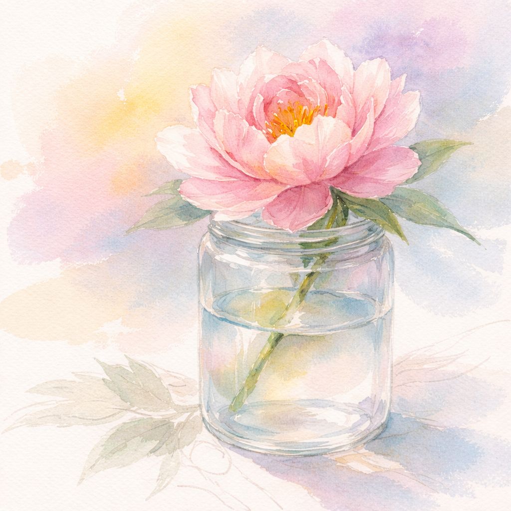 Tæt udsnit af akvarelmaleri i pastelfarver hvor en blomst i et glas vand er delvist malet, og områder af papirets hvide står uberørte som højlys i kronblade og refleksioner, mens andre områder kun er let skitseret og ufuldstændigt udfyldt.