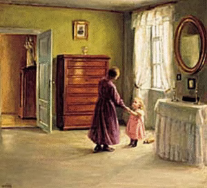 Interiør med mor og datter ved vinduet. Caja Prytz